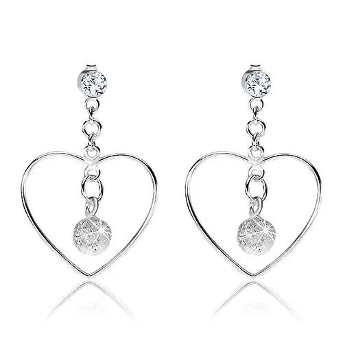Strieborné náušnice 925, obrys srdca, číry Swarovského krištálik, ligotavá gulička