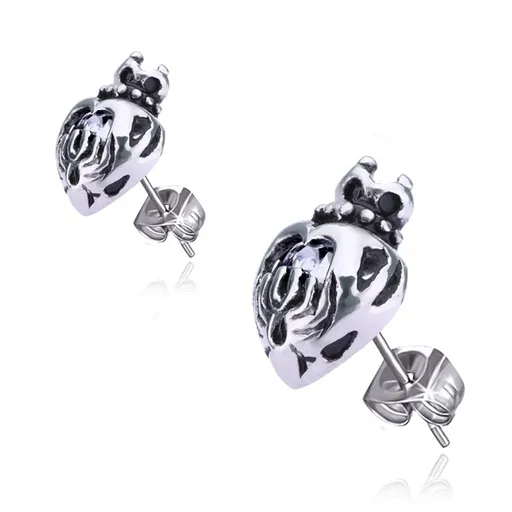 Náušnice z chirurgickej ocele - srdce s korunkou, zirkón