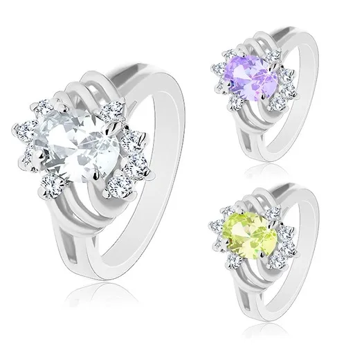 Prsteň striebornej farby, brúsený farebný ovál, tenké oblúky a číre zirkóny - Veľkosť: 49 mm, Farba: Číra