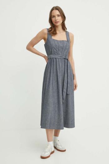Šaty s prímesou ľanu Dkny šedá farba, midi, áčkový strih, DD4B5715