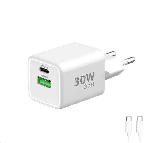 WG - Sieťová nabíjačka GaN 2x USB 30W, 1x USB-C PD3.0 PPS QC4 30W + USB-A 18W, kábel Type-C na Type-C, biela