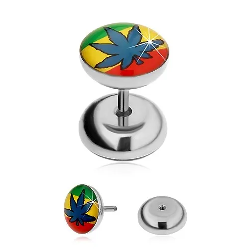 Falošný plug do ucha z ocele 316L - rasta farby a modrý list marihuany
