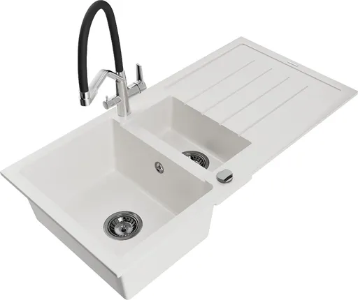 MEXEN/S MEXEN/S - Andres granitový drez s odkvapkávačom vrátane batérie Duo, biela 6515-20-671701-07-B