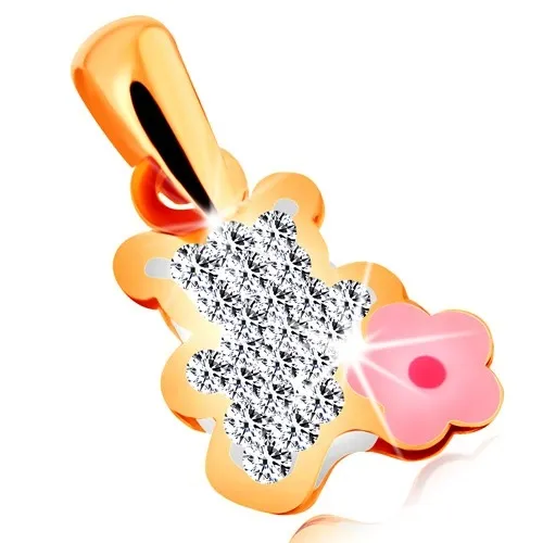 Zlatý prívesok 585 - číry zirkónový macko s ružovým glazúrovaným kvietkom