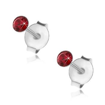 Strieborné 925 náušnice, okrúhly tmavočervený krištálik Swarovski, 3 mm