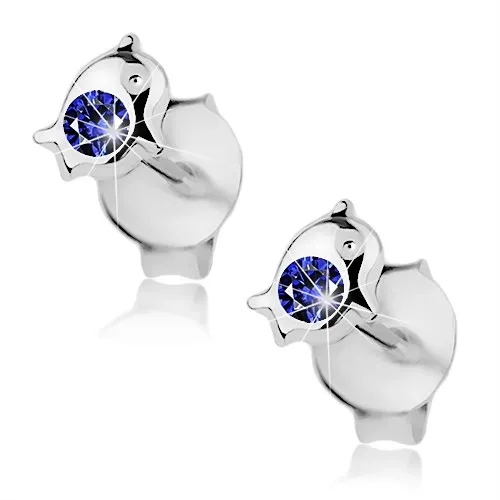 Strieborné 925 náušnice, malý delfín zdobený okrúhlym krištáľom modrej farby