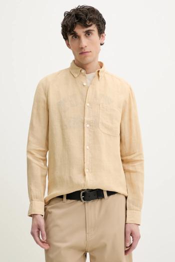 Ľanová košeľa HUGO béžová farba, regular, s golierom button-down, 50514162