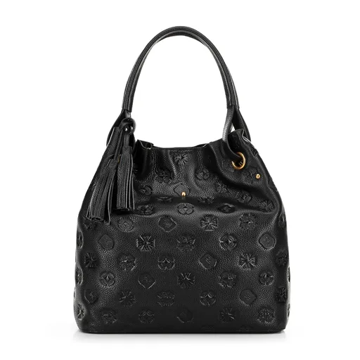 Dámska kabelka typu vak z kože s monogramom čierno-zlatá 100-4E-632-1G