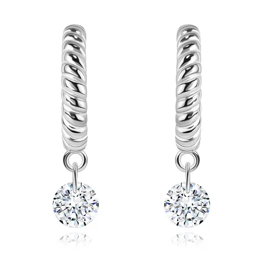 Strieborné náušnice 925 - otvorený kruh s motívom lana, číry zirkón