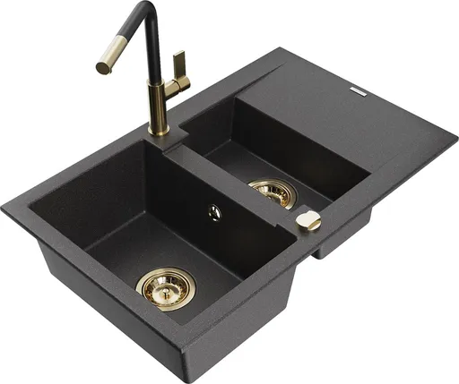 MEXEN/S MEXEN/S - Gaspar granitový drez 1.5 s odkvapkávačom vrátane batérie Flora, čierna kropenatá 6507-76-670401-57-G