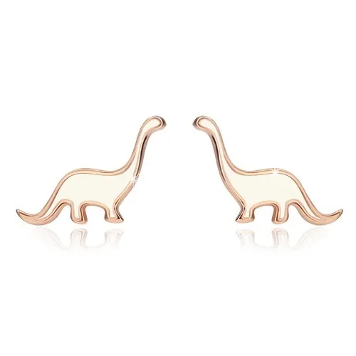 Strieborné náušnice 925 - dinosaurus medenej farby zdobený bielou glazúrou, puzetky