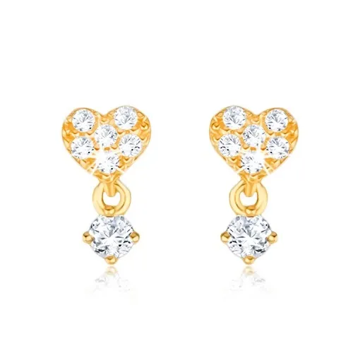 Zlaté náušnice 375 - drobné zirkónové srdce, kamienok v kotlíku