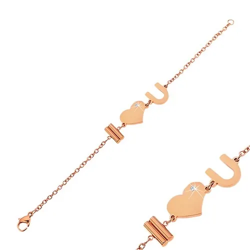 Náramok z ocele 316L medenej farby s nápisom I Love You a zirkónom