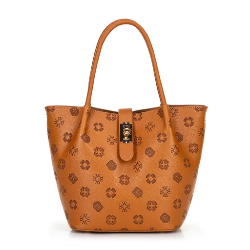 Dámske puzdro z ekokože s reliéfnym podpisom svetlohnedé 101-4Y-P00-5