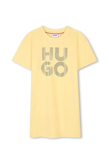 Dievčenské bavlnené šaty HUGO žltá farba, mini, rovný strih, G00410