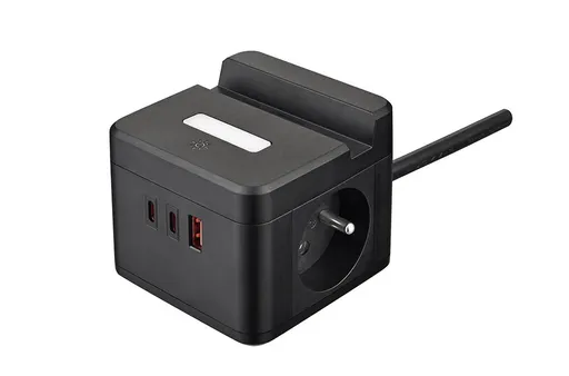 Sieťový adaptér VIKING YC23H, čierna/Output:2xAC,1xUSB-A,2xUSB-C/držiak na mobil/LED svetlo/1,4m kábel