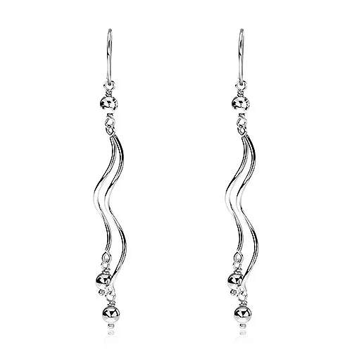 Strieborné náušničky 925 - visiace vlnky s guličkami na háčiku