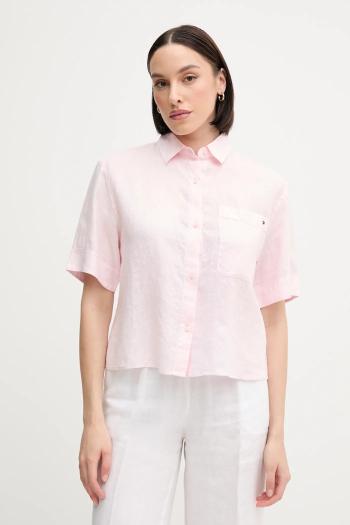 Ľanová košeľa Tommy Hilfiger ružová farba, voľný strih, s klasickým golierom, WW0WW44720