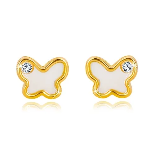 Puzetové náušnice zo 14K žltého zlata - motýlik s prírodnou perleťou a zirkónom