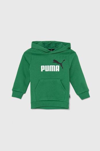 Detská mikina Puma zelená farba, s kapucňou, s potlačou