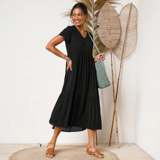 Krepónové jednofarebné midi šaty s výstrihom do V