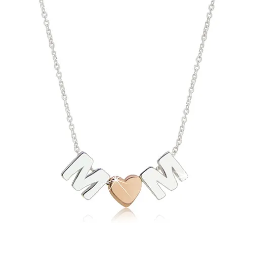 Ródiovaný strieborný náhrdelník 925 - motív "MOM" tvorený písmenami "M" a srdiečkom