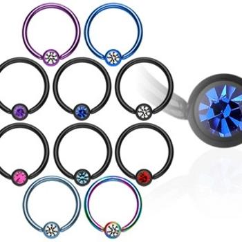 Piercing krúžok s guličkou z anodizovaného titánu so zirkónom - Hrúbka piercingu: 1,6 mm, Farba zirkónu: Čierna - Červená KR