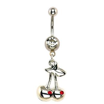 Oceľový piercing do brucha - strieborné čerešne, zirkóny