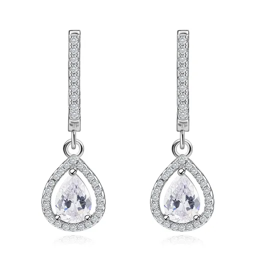 Náušnice zo striebra 925, číry slzičkový zirkón v trblietavom obryse