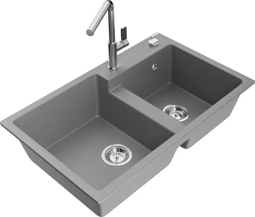 MEXEN/S MEXEN/S - Tomas granitový drez 2-bowl vrátane batérie Flora, šedá 6516-71-670401-00