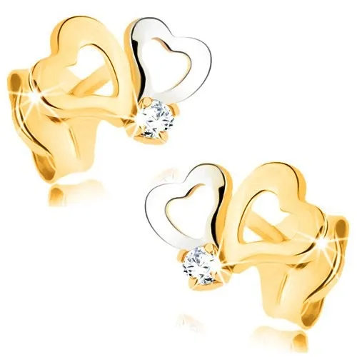 Náušnice z kombinovaného zlata 585 - kontúry asymetrických srdiečok, zirkón