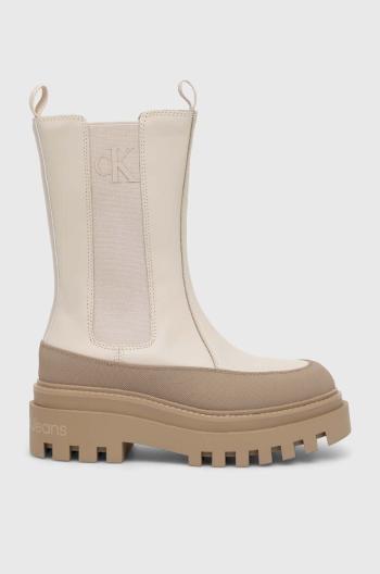 Kožené topánky chelsea Calvin Klein Jeans FLATFORM CHELSEA BOOT LTH WN dámske, béžová farba, na platforme, YW0YW01111