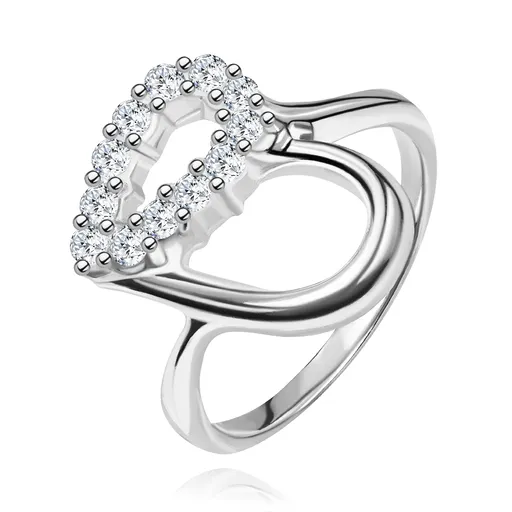 Strieborný prsteň 925 - kontúra srdca, číra zirkónová polovica - Veľkosť: 49 mm