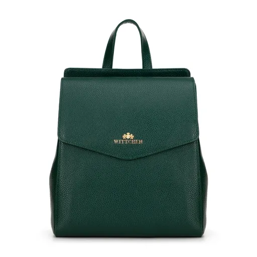 Zelený batoh z granulovanej kože so zlatým logom pre jedinečný štýl, 99-4E-619-Z.