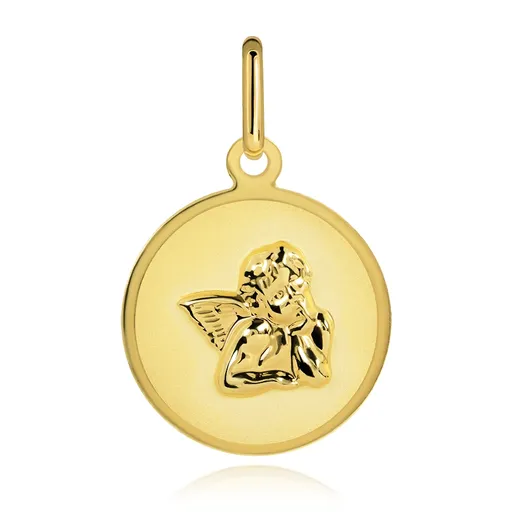 Zlatý 14 karátový okrúhly prívesok - matný povrch s 3D anjelom
