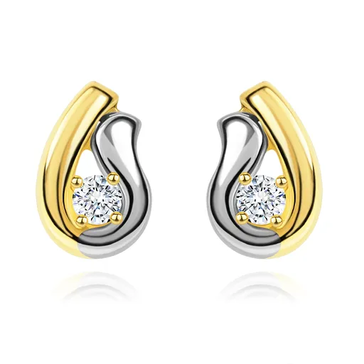 Zlaté 14K náušnice, dvojfarebná kontúra kvapky so žiarivým diamantom