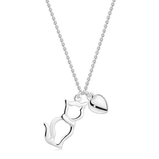 Náhrdelník zo striebra 925 - obrys sediacej mačky, hladké srdce, tenká retiazka