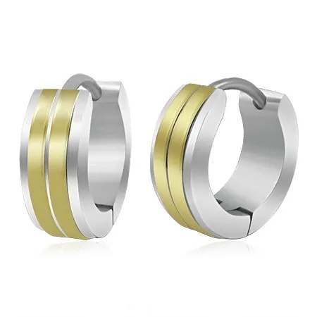 Oceľové náušnice s kĺbovým zapínaním, dva pásy v zlatom odtieni