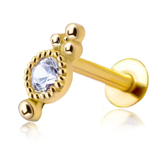 Piercing do pery a brady z 375 žltého zlata - okrúhly číry zirkón s ozdobným orámovaním