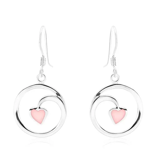 Náušnice, striebro 925, kontúra kruhu - špirála, srdiečko, ružová perleť
