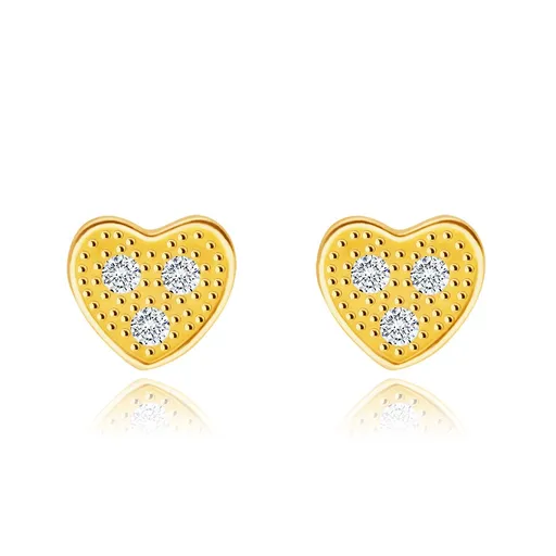 Diamantové náušnice zo žltého 14K zlata - srdiečko s troma briliantmi čírej farby