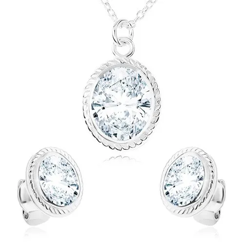 Náhrdelník a náušnice, striebro 925, číry zirkónový ovál, vrúbkovaný lem