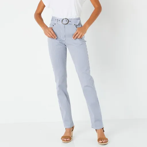 Rovné pruhované nohavice s opaskom pre postavu 150 až 155 cm