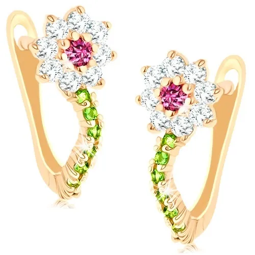 Zlaté náušnice 14K s kvetinovým motívom a farebnými zirkónmi