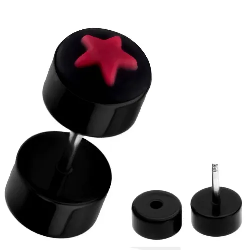 Falošný čierny piercing do ucha z akrylu - červená hviezda