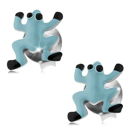 Náušnice zo striebra 925, svetlomodrá glazúrovaná žabka, čierne oči a nôžky