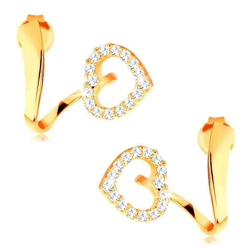 Náušnice zo žltého 14K zlata - zvlnená stuha s trblietavou kontúrou srdca