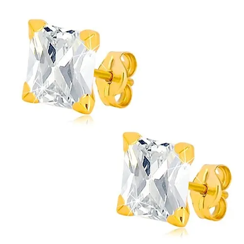 Náušnice zo žltého 9K zlata - ligotavý zirkónový štvorec čírej farby, puzetky, 7 mm