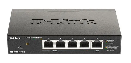 D-Link DGS-1100-05PDV2 5-Port Gigabit PoE Smart Switch, bez zdroja - napájaný cez PoE, 2 PoE porty