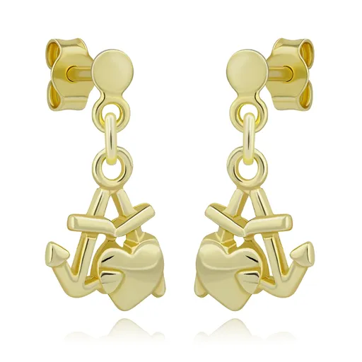 Strieborné 925 náušnice zlatej farby - srdce, kotva a kríž, puzetky